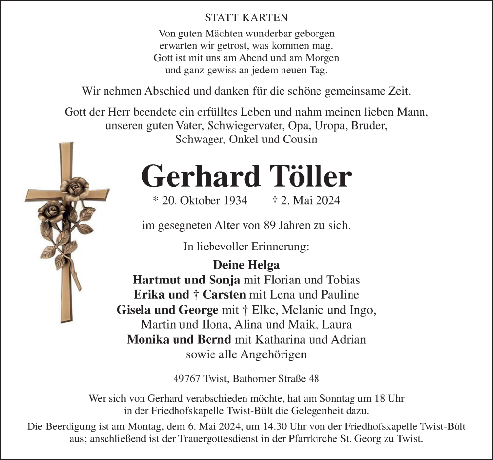  Traueranzeige für Gerhard Töller vom 04.05.2024 aus Neue Osnabrücker Zeitung GmbH & Co. KG