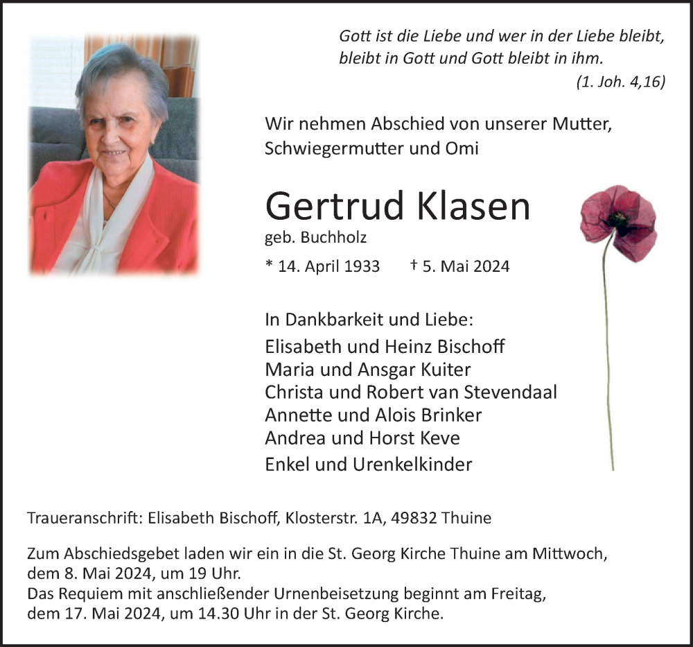  Traueranzeige für Gertrud Klasen vom 07.05.2024 aus Neue Osnabrücker Zeitung GmbH & Co. KG