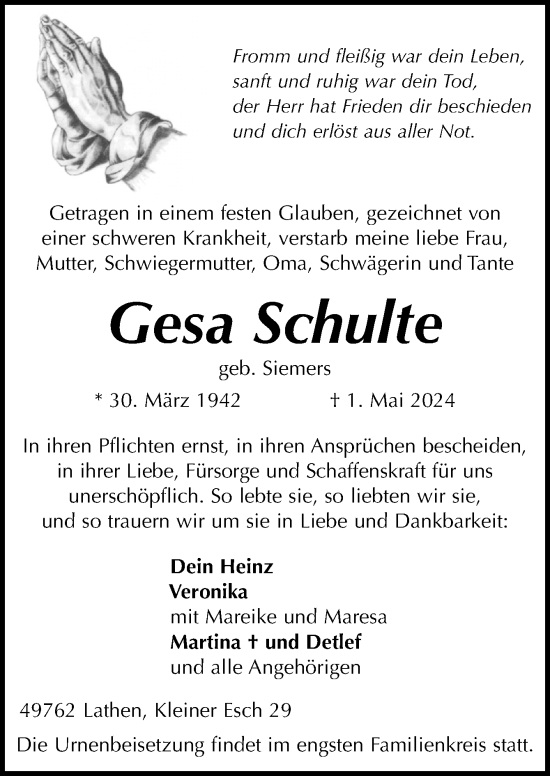 Traueranzeige von Gesa Schulte von Neue Osnabrücker Zeitung GmbH & Co. KG