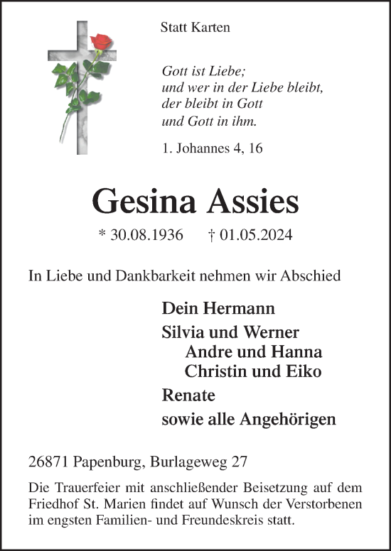 Traueranzeige von Gesina Assies von Neue Osnabrücker Zeitung GmbH & Co. KG
