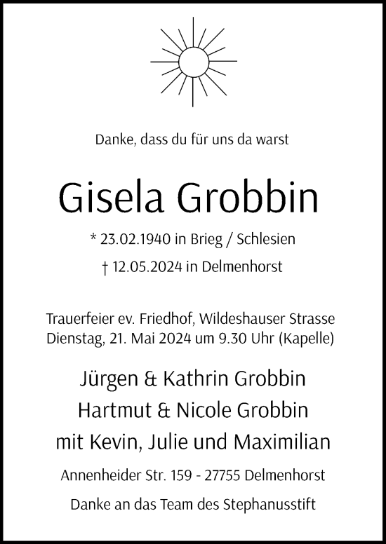 Traueranzeige von Gisela Grobbin von DK Medien GmbH & Co. KG