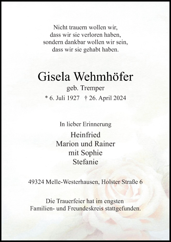 Traueranzeige von Gisela Wehmhöfer von Neue Osnabrücker Zeitung GmbH & Co. KG