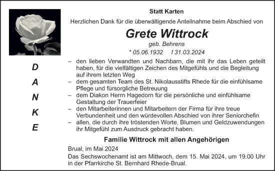 Traueranzeige von Grete Wittrock von Neue Osnabrücker Zeitung GmbH & Co. KG