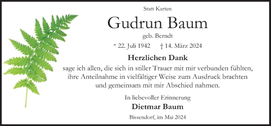 Traueranzeige von Gudrun Baum von Neue Osnabrücker Zeitung GmbH & Co. KG