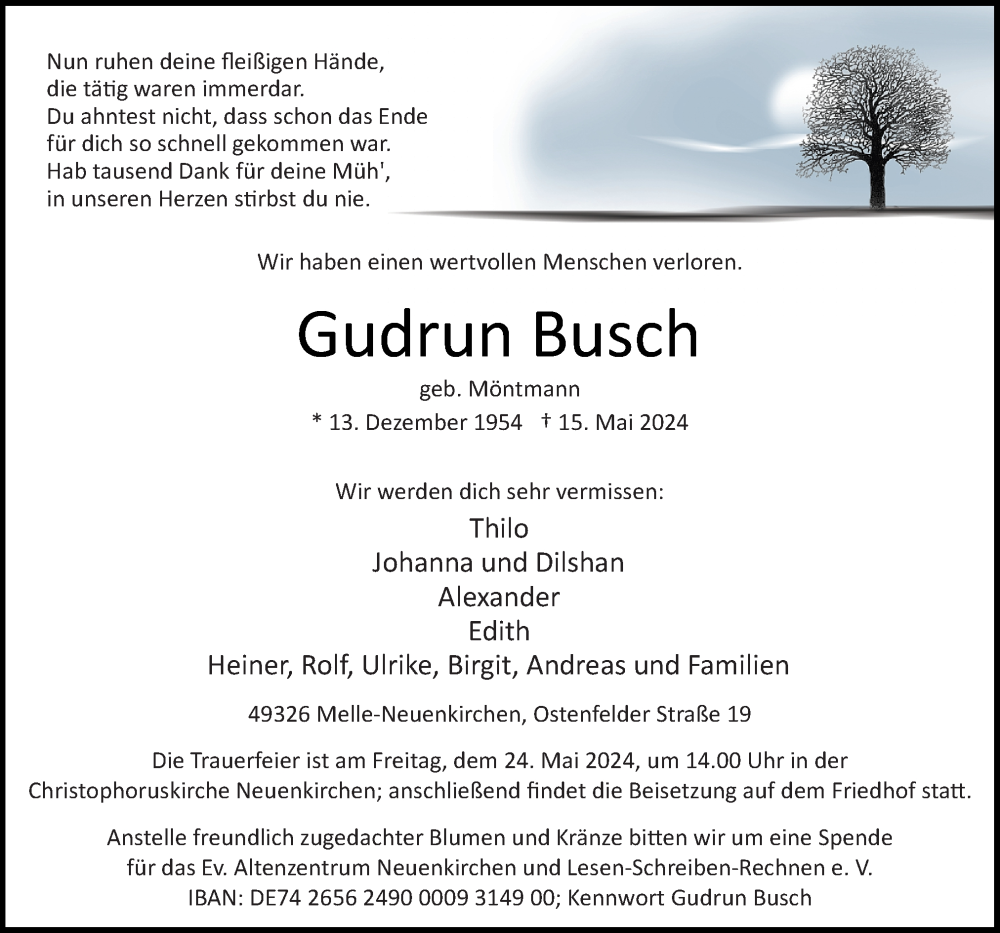  Traueranzeige für Gudrun Busch vom 18.05.2024 aus Neue Osnabrücker Zeitung GmbH & Co. KG