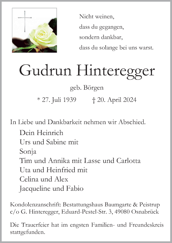 Traueranzeige von Gudrun Hinteregger von Neue Osnabrücker Zeitung GmbH & Co. KG