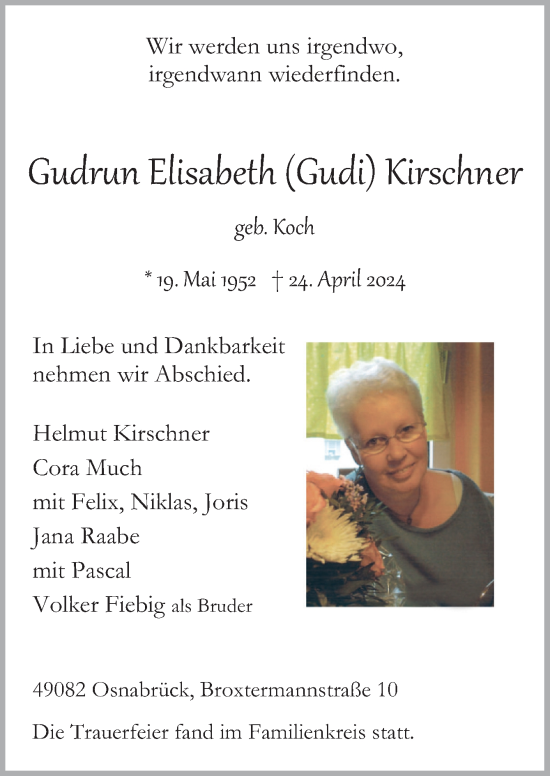 Traueranzeige von Gudrun Elisabeth Kirschner von Neue Osnabrücker Zeitung GmbH & Co. KG
