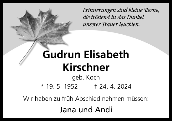 Traueranzeige von Gudrun Elisabeth Kirschner von Neue Osnabrücker Zeitung GmbH & Co. KG