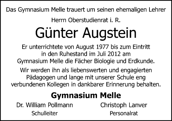 Traueranzeige von Günter Augstein von Neue Osnabrücker Zeitung GmbH & Co. KG
