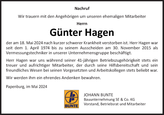 Traueranzeige von Günter Hagen von Neue Osnabrücker Zeitung GmbH & Co. KG