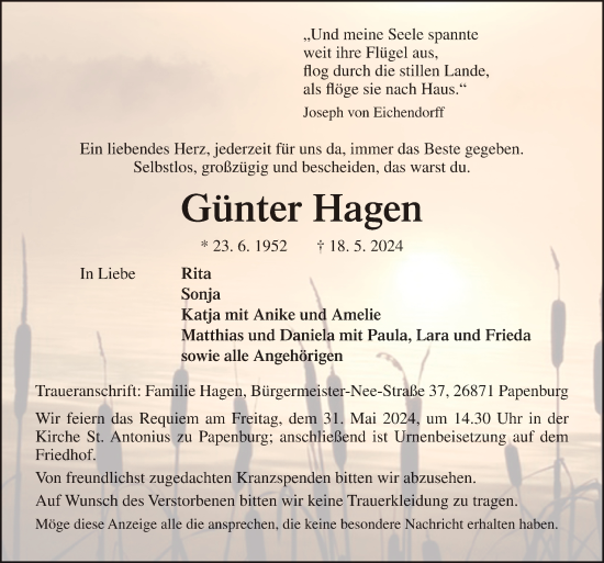 Traueranzeige von Günter Hagen von Neue Osnabrücker Zeitung GmbH & Co. KG