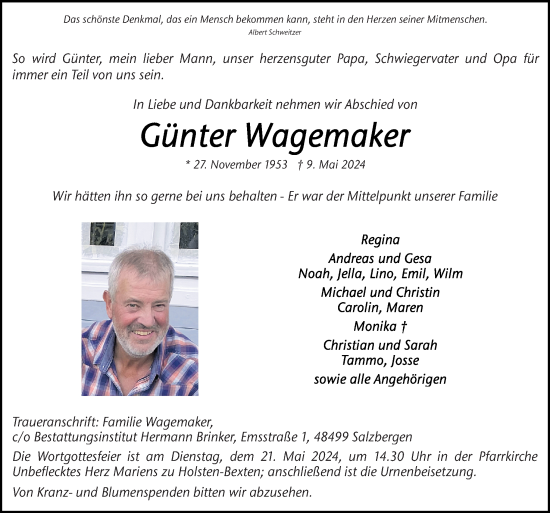 Traueranzeige von Günter Wagemaker von Neue Osnabrücker Zeitung GmbH & Co. KG