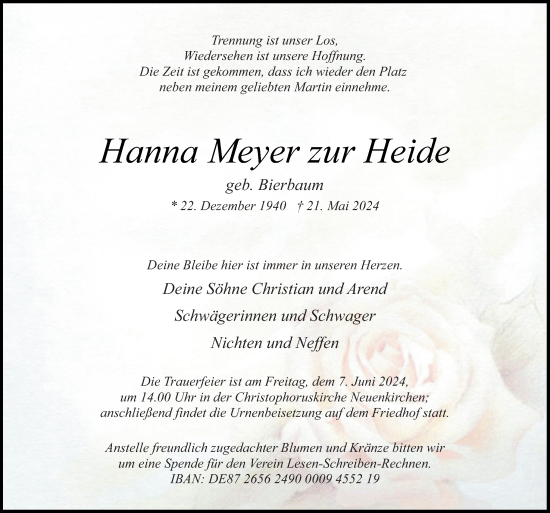 Traueranzeige von Hanna Meyer zur Heide von Neue Osnabrücker Zeitung GmbH & Co. KG