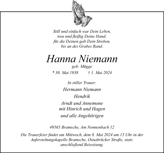 Traueranzeige von Hanna Niemann von Neue Osnabrücker Zeitung GmbH & Co. KG