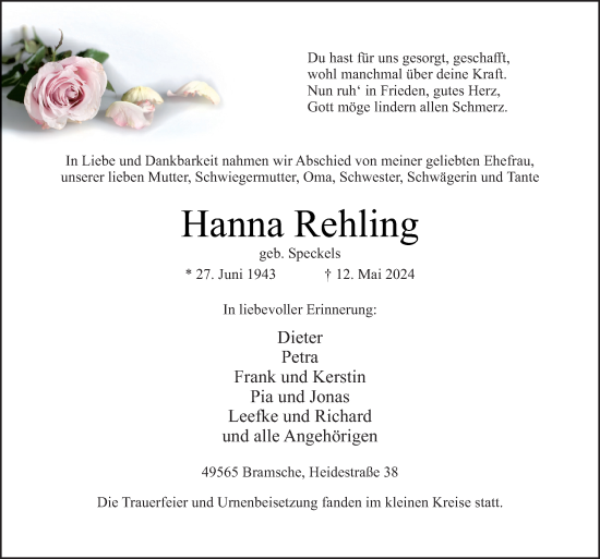 Traueranzeige von Hanna Rehling von Neue Osnabrücker Zeitung GmbH & Co. KG