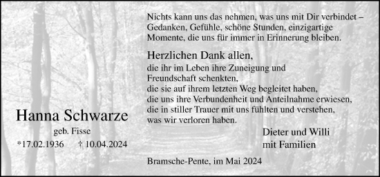 Traueranzeige von Hanna Schwarze von Neue Osnabrücker Zeitung GmbH & Co. KG