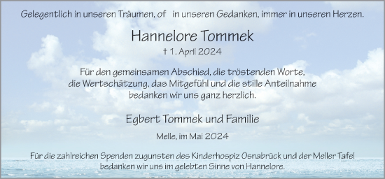 Traueranzeige von Hannelore Tommek von Neue Osnabrücker Zeitung GmbH & Co. KG