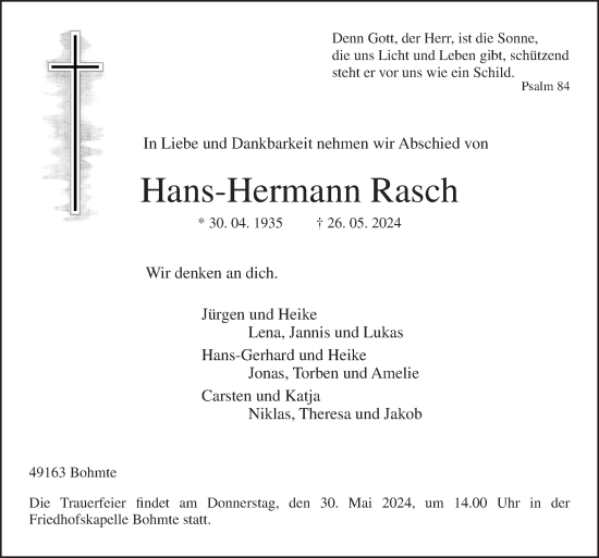 Traueranzeige von Hans-Hermann Rasch von Neue Osnabrücker Zeitung GmbH & Co. KG