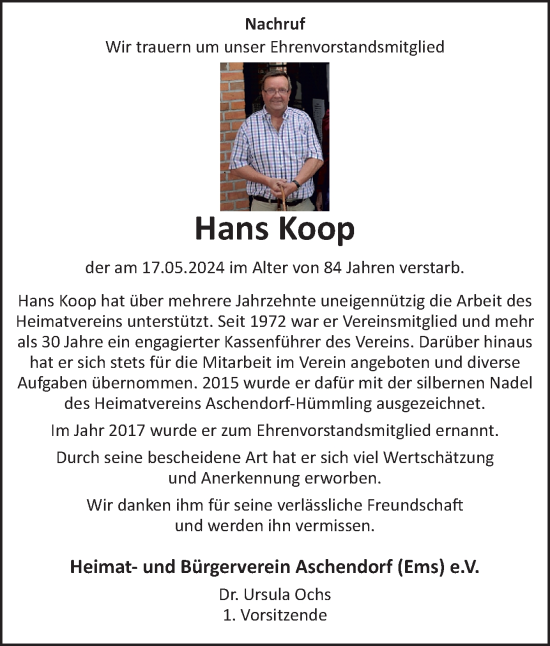 Traueranzeige von Hans Koop von Neue Osnabrücker Zeitung GmbH & Co. KG