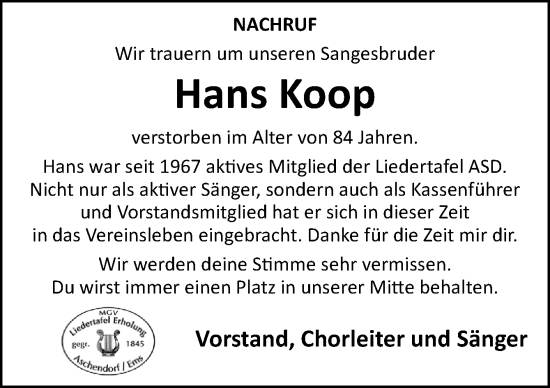 Traueranzeige von Hans Koop von Neue Osnabrücker Zeitung GmbH & Co. KG