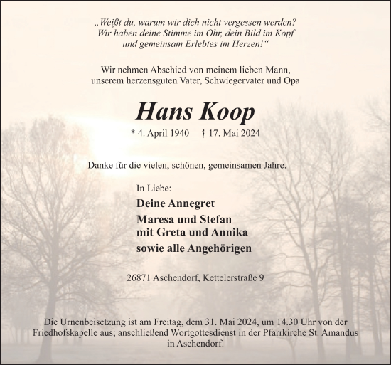 Traueranzeige von Hans Koop von Neue Osnabrücker Zeitung GmbH & Co. KG