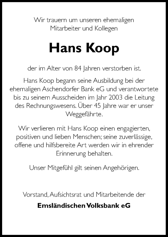 Traueranzeige von Hans Koop von Neue Osnabrücker Zeitung GmbH & Co. KG