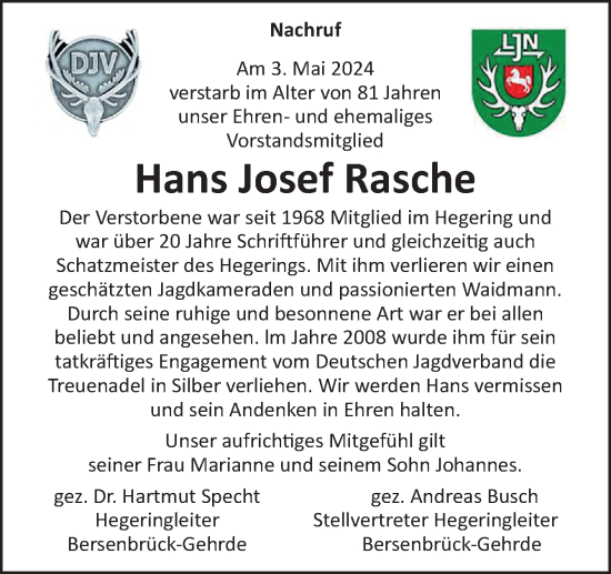 Traueranzeige von Hans Josef Rasche von Neue Osnabrücker Zeitung GmbH & Co. KG