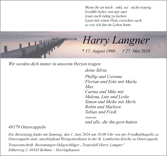 Traueranzeige von Harry Langner von Neue Osnabrücker Zeitung GmbH & Co. KG