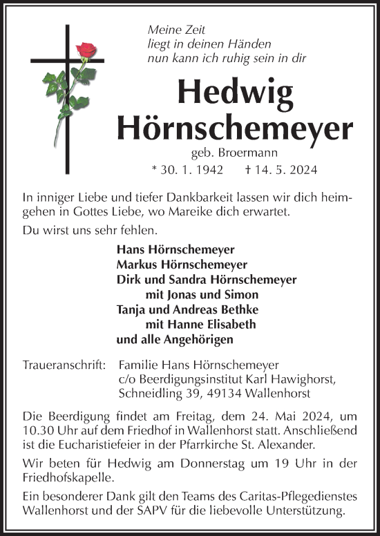 Traueranzeige von Hedwig Hörnschemeyer von Neue Osnabrücker Zeitung GmbH & Co. KG