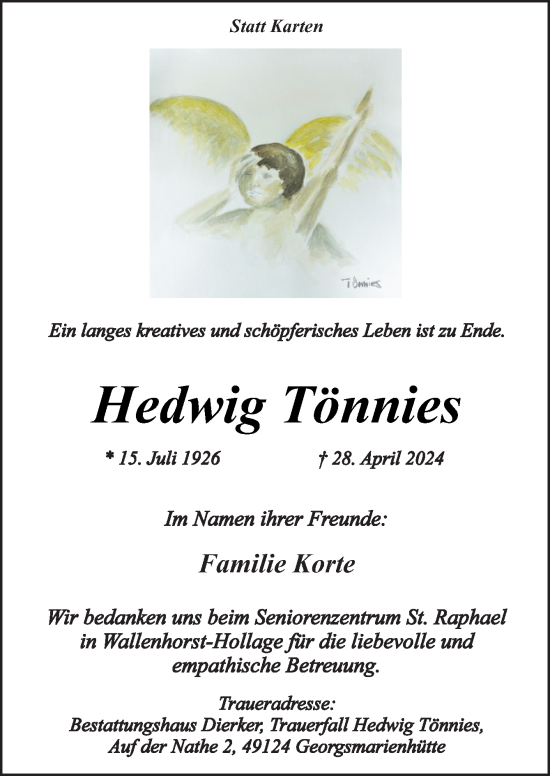 Traueranzeige von Hedwig Tönnies von Neue Osnabrücker Zeitung GmbH & Co. KG