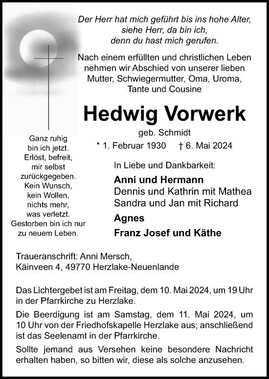 Traueranzeige von Hedwig Vorwerk von Neue Osnabrücker Zeitung GmbH & Co. KG