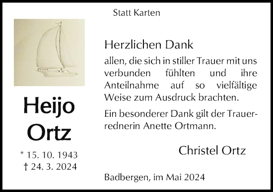 Traueranzeige von Heijo Ortz von Neue Osnabrücker Zeitung GmbH & Co. KG