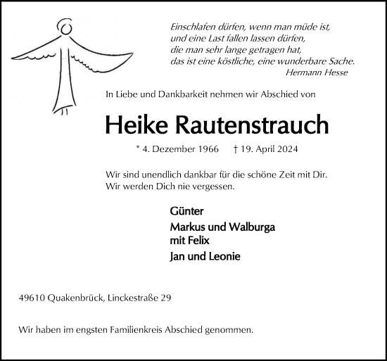 Traueranzeige von Heike Rautenstrauch von Neue Osnabrücker Zeitung GmbH & Co. KG