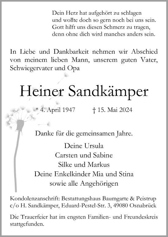 Traueranzeige von Heiner Sandkämper von Neue Osnabrücker Zeitung GmbH & Co. KG