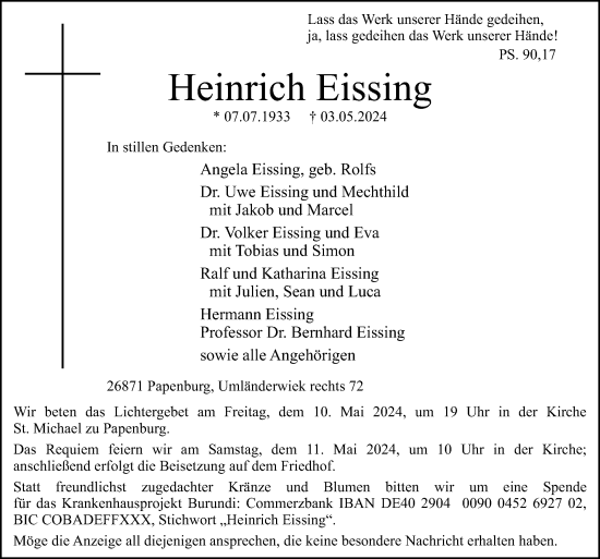 Traueranzeige von Heinrich Eissing von Neue Osnabrücker Zeitung GmbH & Co. KG