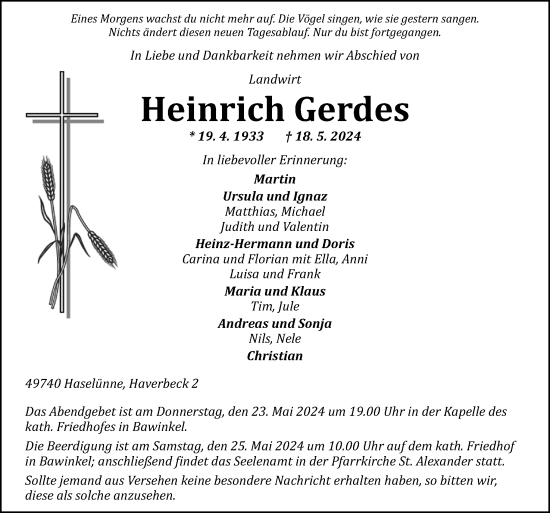 Traueranzeige von Heinrich Gerdes von Neue Osnabrücker Zeitung GmbH & Co. KG