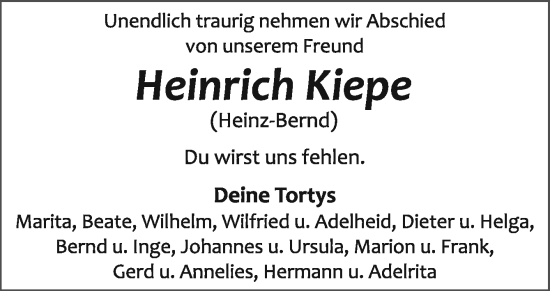 Traueranzeige von Heinrich Kiepe von Neue Osnabrücker Zeitung GmbH & Co. KG