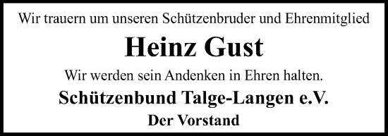 Traueranzeige von Heinz Gust von Neue Osnabrücker Zeitung GmbH & Co. KG