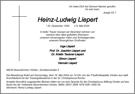 Traueranzeige von Heinz-Ludwig Liepert von Neue Osnabrücker Zeitung GmbH & Co. KG