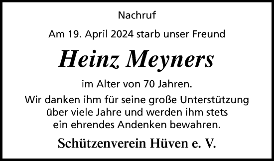 Traueranzeige von Heinz Meyners von Neue Osnabrücker Zeitung GmbH & Co. KG