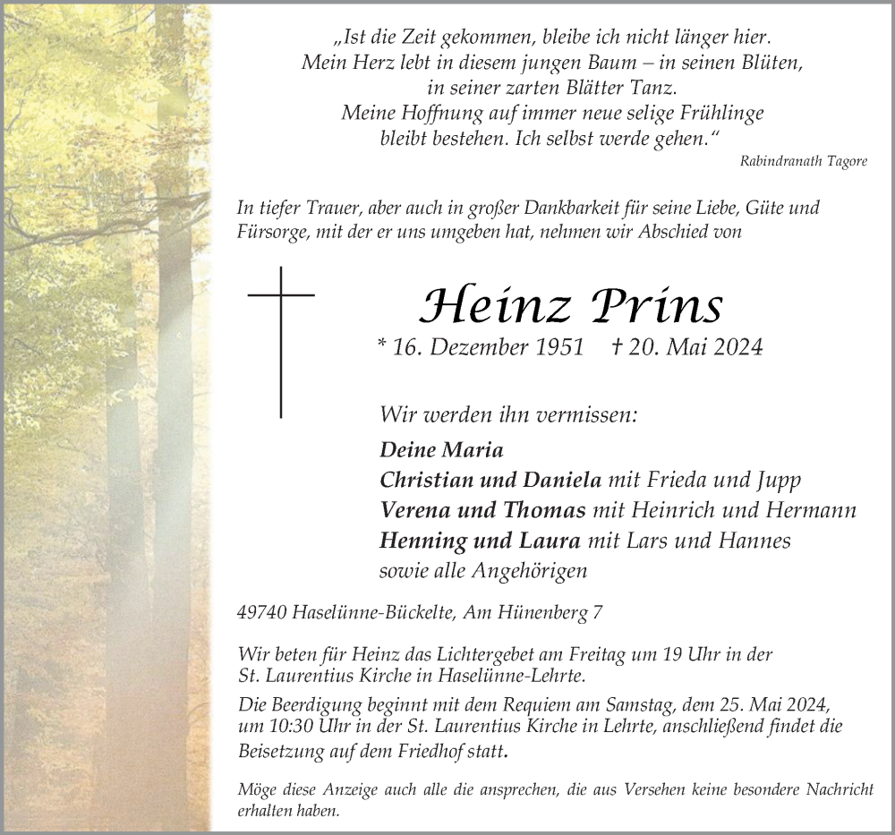  Traueranzeige für Heinz Prins vom 23.05.2024 aus Neue Osnabrücker Zeitung GmbH & Co. KG