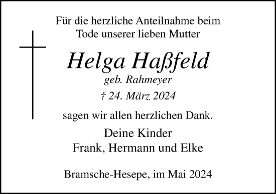 Traueranzeige von Helga Haßfeld von Neue Osnabrücker Zeitung GmbH & Co. KG