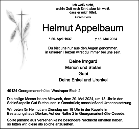 Traueranzeige von Helmut Appelbaum von Neue Osnabrücker Zeitung GmbH & Co. KG
