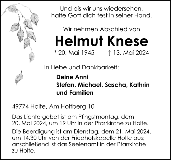 Traueranzeige von Helmut Knese von Neue Osnabrücker Zeitung GmbH & Co. KG
