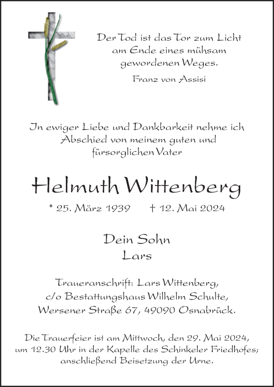 Traueranzeige von Helmuth Wittenberg von Neue Osnabrücker Zeitung GmbH & Co. KG