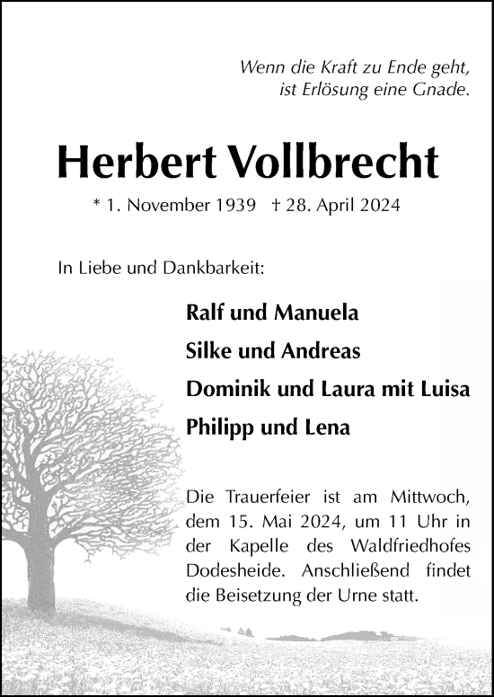 Traueranzeige von Herbert Vollbrecht von Neue Osnabrücker Zeitung GmbH & Co. KG
