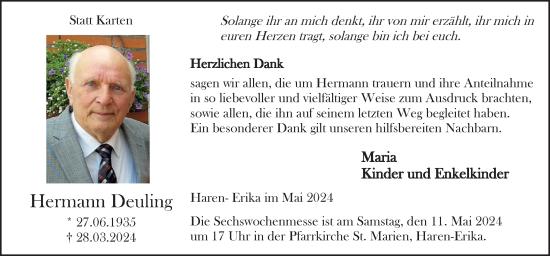 Traueranzeige von Hermann Deuling von Neue Osnabrücker Zeitung GmbH & Co. KG
