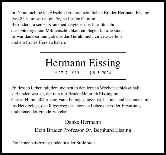 Traueranzeige von Hermann Eissing von Neue Osnabrücker Zeitung GmbH & Co. KG