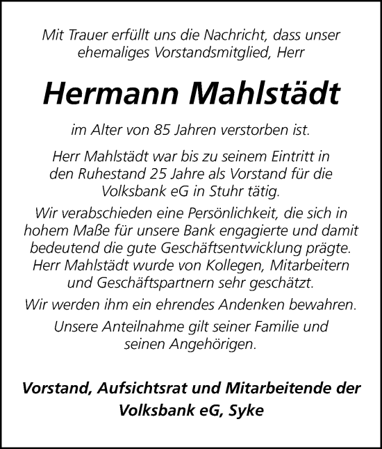 Traueranzeige von Hermann Mahlstädt von DK Medien GmbH & Co. KG