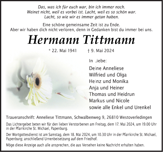 Traueranzeige von Hermann Tittmann von Neue Osnabrücker Zeitung GmbH & Co. KG